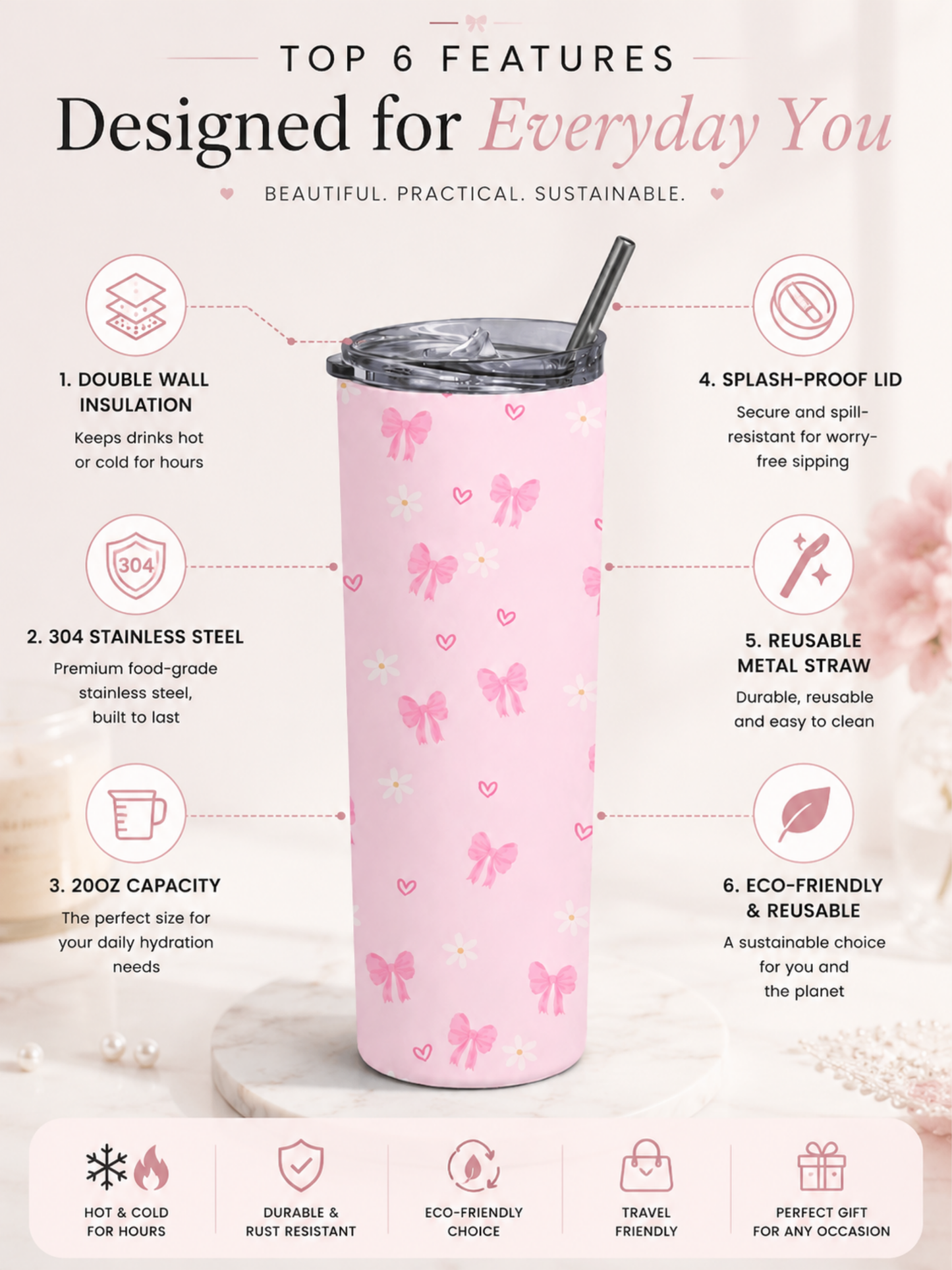 PINK BOW STAINLESS STEEL TUMBLER (20oz)