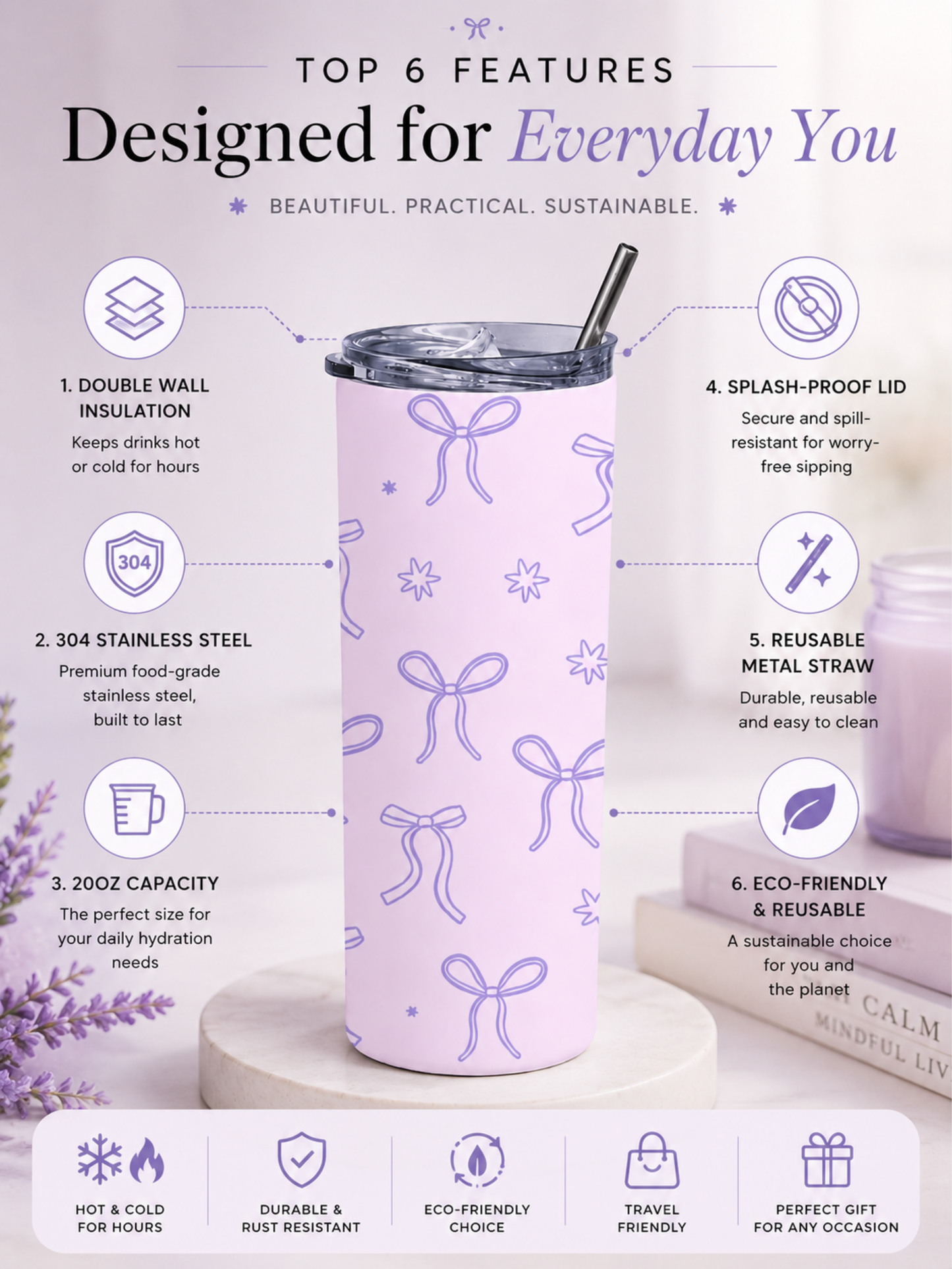LAVENDER RIBBON STAINLESS STEEL TUMBLER (20oz)