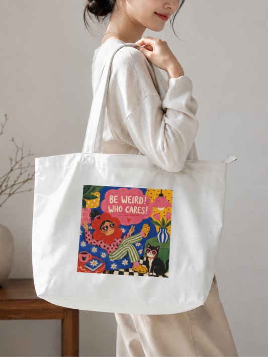 BE WEIRD WHO CARES TOTE