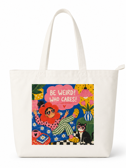 BE WEIRD WHO CARES TOTE