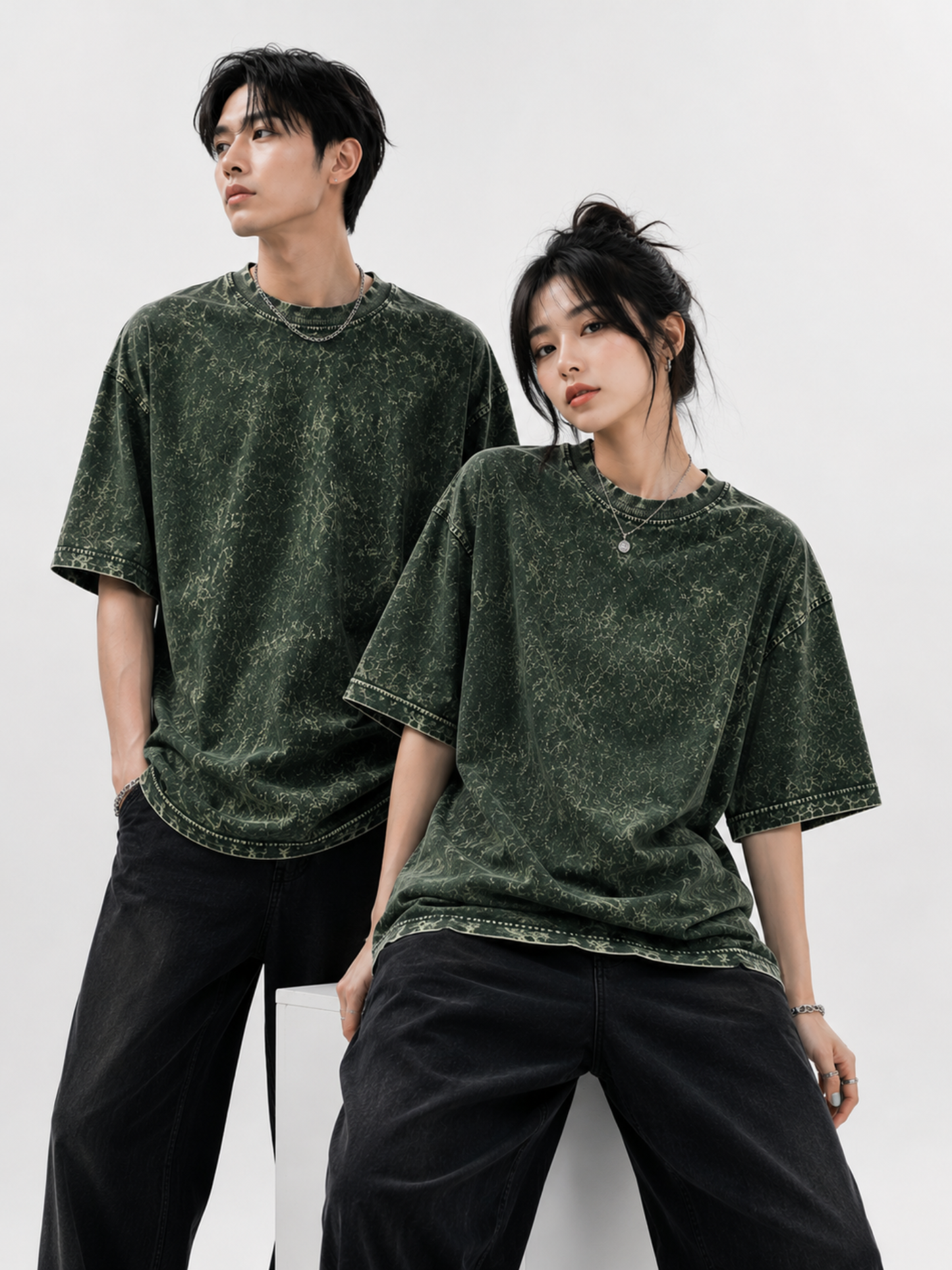 OLIVE GREEN UNISEX ACID WASHED OVERSIZED TEE