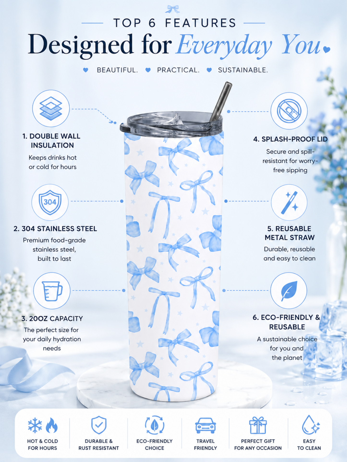 BLUE BOW STAINLESS STEEL TUMBLER (20oz)